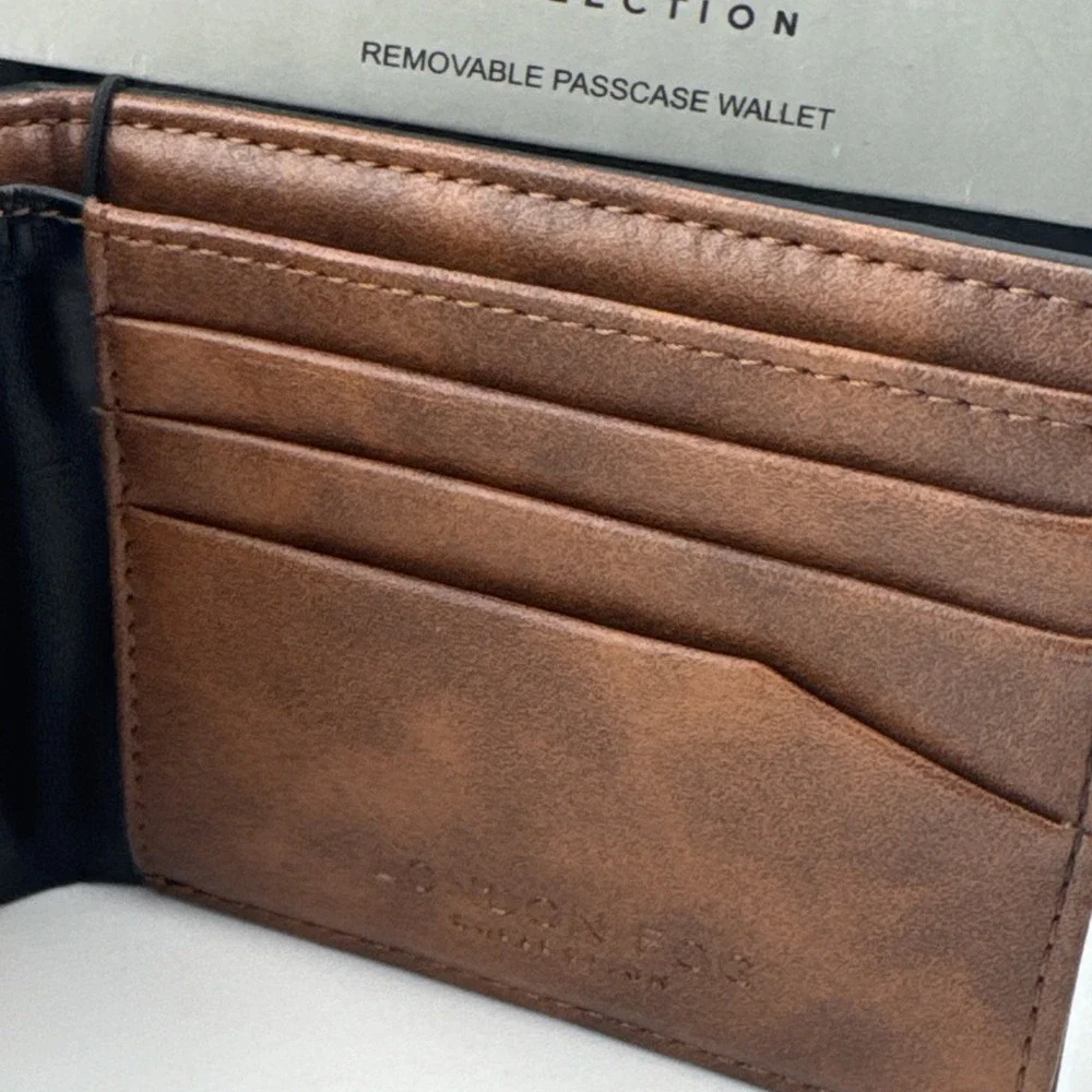 London Fog Mens Leather Bifold Passcase Wallet Brown Black RFID Blocking Tin